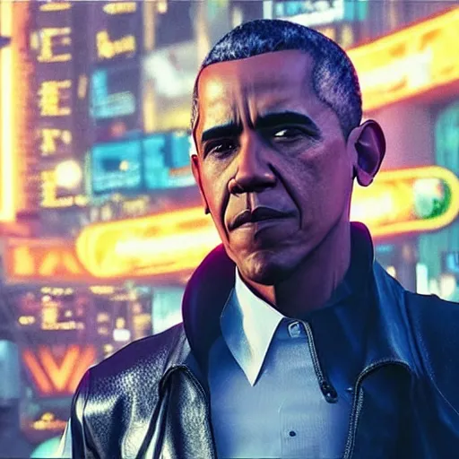 Image similar to “beautiful up close photo of Obama staring toward camera while sitting in the streets of night city’s corpo plaza, cyberpunk 2077”