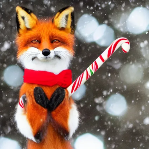 Prompt: fox animal holding a candy cane and smiling, set in a snowy forest