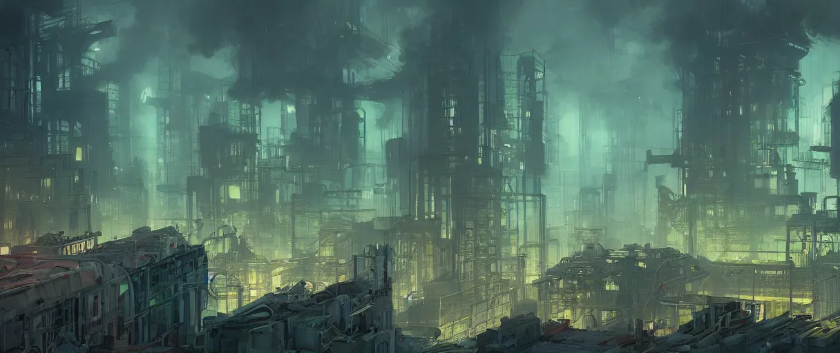 Image similar to dystopian city of factories, lots of smoke rising from chimneys, concept art, digital painting, style of jordan grimmer, dark green lighting, futuristic, volumetric lighting, view from below, symmetrical, vivid colours, bright, daytime, godrays