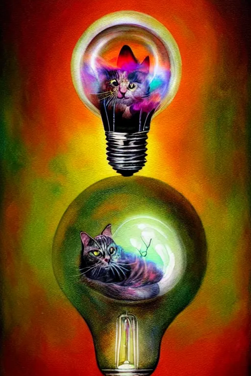 Image similar to portrait of an ethereal cat inside a light bulb, modern fine art, lithe, dreamscape, intricate, elegant, subsurface scattering, highly detailed, pop art painting, organic acrylic flow art, psychedelic surreal art, acrylic art, watercolor, featured on deviantart, cgsociety