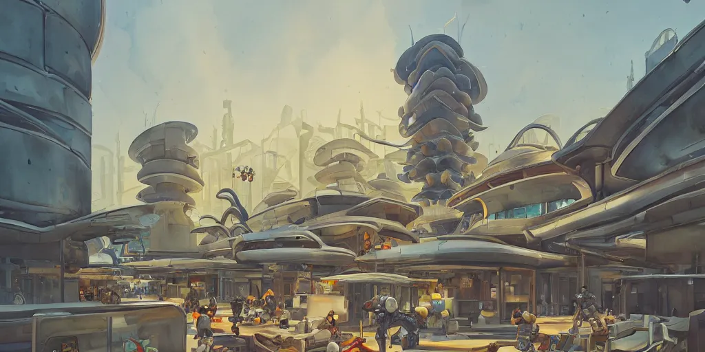 Image similar to overwatch building, stylized, exterior, architecture, in watercolor gouache detailed paintings, insanely detail, artstation, 8 k, futuristic, big medium small, arcane, simon stalenhag, food stall, interesting shapes & form, golden ratio, megastructures, vitaly bulgarov, mall, jungle, environment, nature, zaha hadid