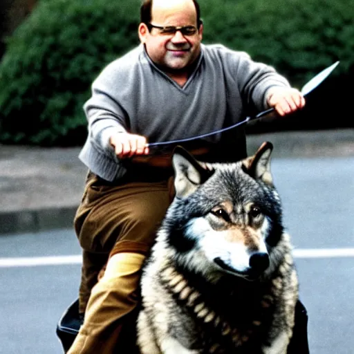 Image similar to George Costanza (from Seinfeld) riding a wolf