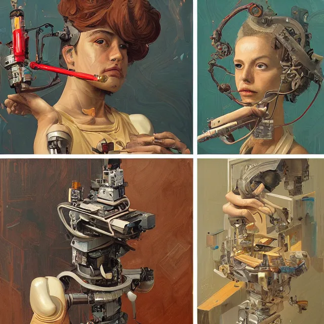 Image similar to robot artist painting a self - portrait on a canvas. intricate, highly detailed, digital matte painting, in the style of alexandros pyromallis, and in the style of sachin teng, and in the style of hans thoma, and in the style of donato giancola. irony, recursion, inspiration.