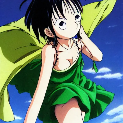 Image similar to anime, girl, green dress, flying, one piece, by eiichiro oda