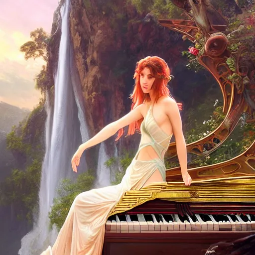 Prompt: fantasy maiden sitting on top of a piano combined with waterfall, nature, realistic, cinematic lighting, highly detailed, digital painting, Artstation popular, illustration, art by Artgerm and Greg Rutkowski and Alphonse Mucha