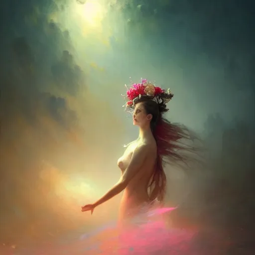 Image similar to cinematic shot epic portrait an flower goddess, glowing eyes, sweaty skin, wet pink flowing hair, flower blurry backround, broad light, ambient occlusion, volumetric light effect, made by ivan aivazovsky, peter mohrbacher, greg rutkowski, matte painting, trending on artstation, 4 k, perfectly defined features, digital painting,