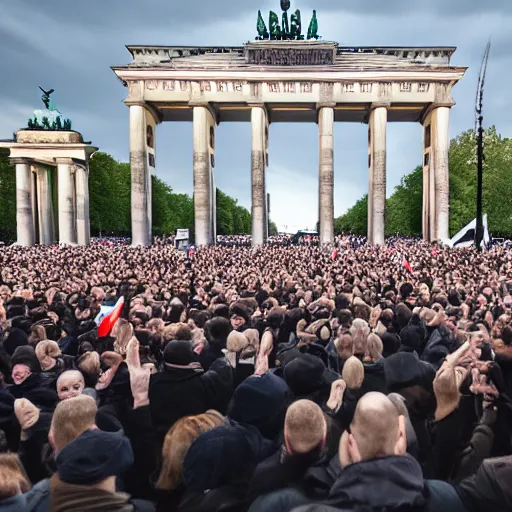 Prompt: olaf scholz doing a nazi salute, in front of brandenburger tor. huge nazi crowd in front of him. face of olaf scholz is clearly visible. canon eos r 3, f / 1. 4, iso 1 6 0 0, 1 / 8 0 s, 8 k, raw, grainy