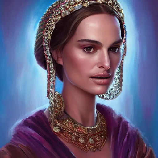 Image similar to a portrait of a woman who looks like a mix of natalie portman and margot robbie as an arabian princess in a disney movie, crown!! oil painting, pale colors, high detail, 8 k, wide angle, trending on artstation,