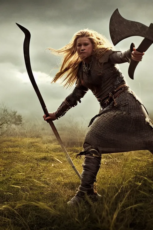 Image similar to female Viking warrior, dynamic pose, attacking with an axe. Illustration, poster art, filmic, swamp, sharp. 8k.