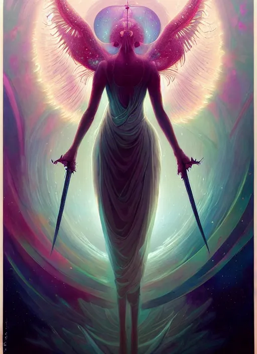 Image similar to symmetry, cancer, highly detailed, high contrast, light reflection, delicate patterns with feather texture, shining angel, shining sword, trippy, nebula, trending on art station by artgem, by peter mohrbacher, by wlop, by ruan jia