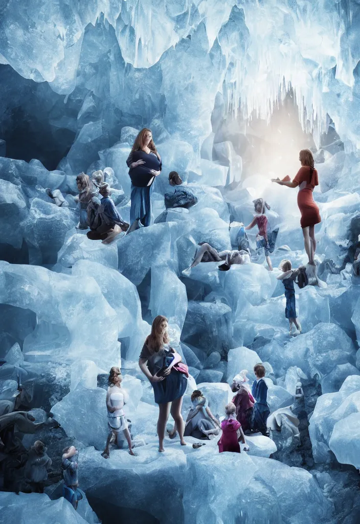 Image similar to epic pregnant woman making a speech to all her white tribe, proud people looking at the pregnant woman, ice cave, facinating, fantasy digital art, octane render, beautiful composition, trending on artstation, award - winning photograph, masterpiece