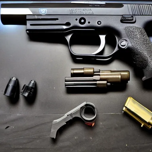 Prompt: beretta m 9 2 and glock g 1 7 on a table with 9 mm ammo all around