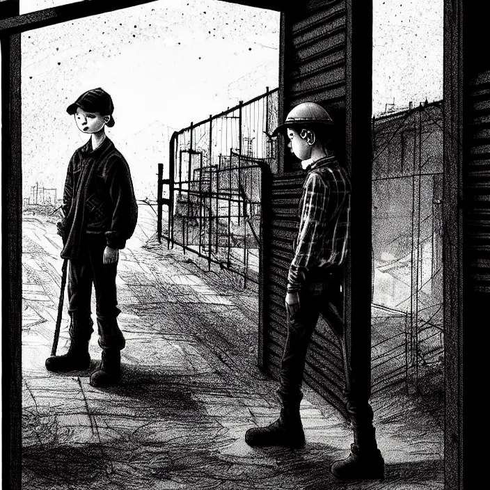 Image similar to [ sadie sink in dirty workmen clothes ] [ waves goodbye ] to workmen. near a gate. background : factory, dirty, polluted. technique : black and white pencil and ink. by gabriel hardman, joe alves, chris bonura. cinematic atmosphere, detailed and intricate, perfect anatomy