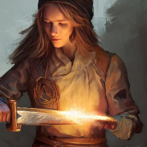 Prompt: a rustic woman forging a sword, detailed face, blonde, by greg rutkowski, mandy jurgens