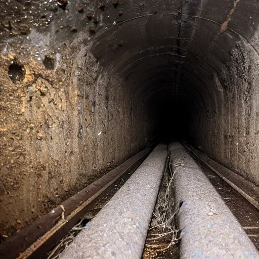 Image similar to deep underground tunnel, flooded, dirty water, dense rusty pipes network, dense cables network, mold