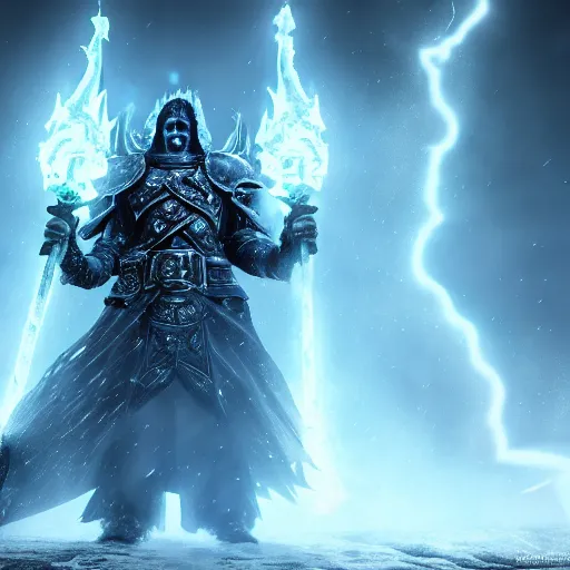 Image similar to the lich king from world of warcraft, cinematic lightning, medium shot, mid-shot, highly detailed, trending on Artstation, Unreal Engine 4k, cinematic wallpaper