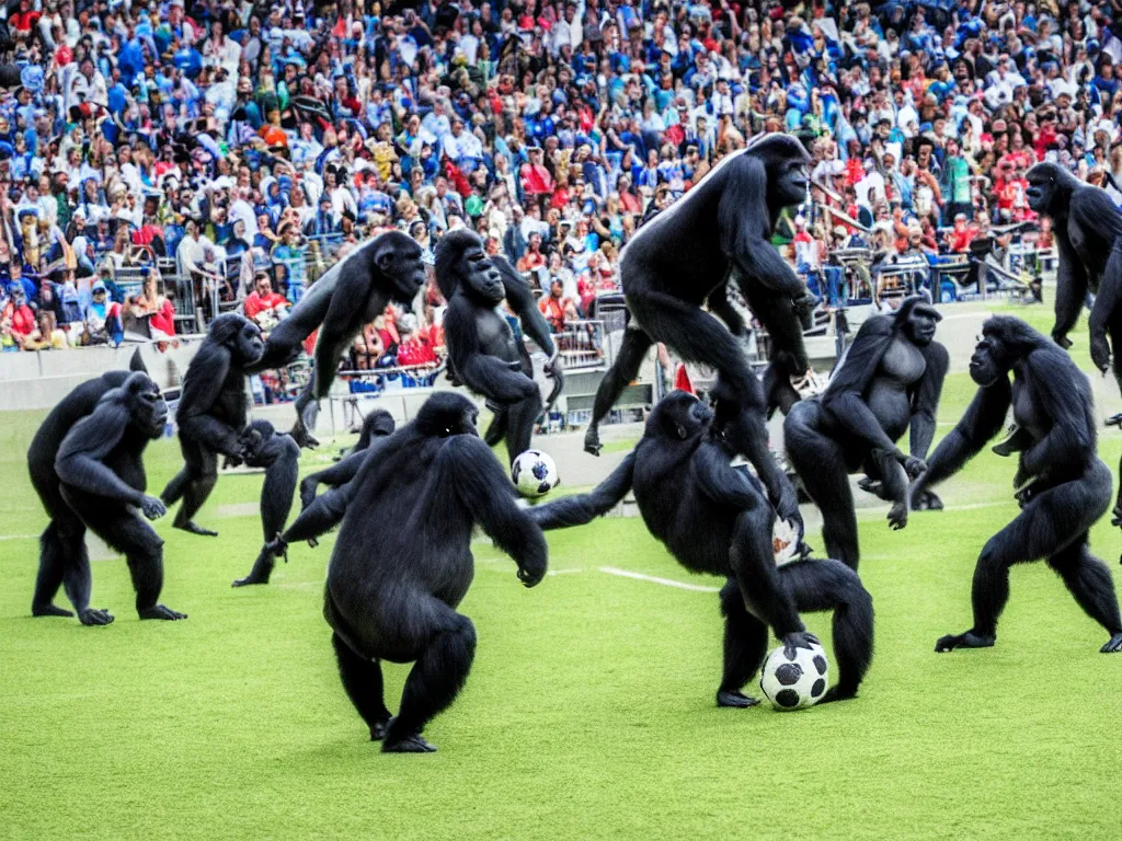 Image similar to gorillas playing a soccer in a stadium full of people, vivid