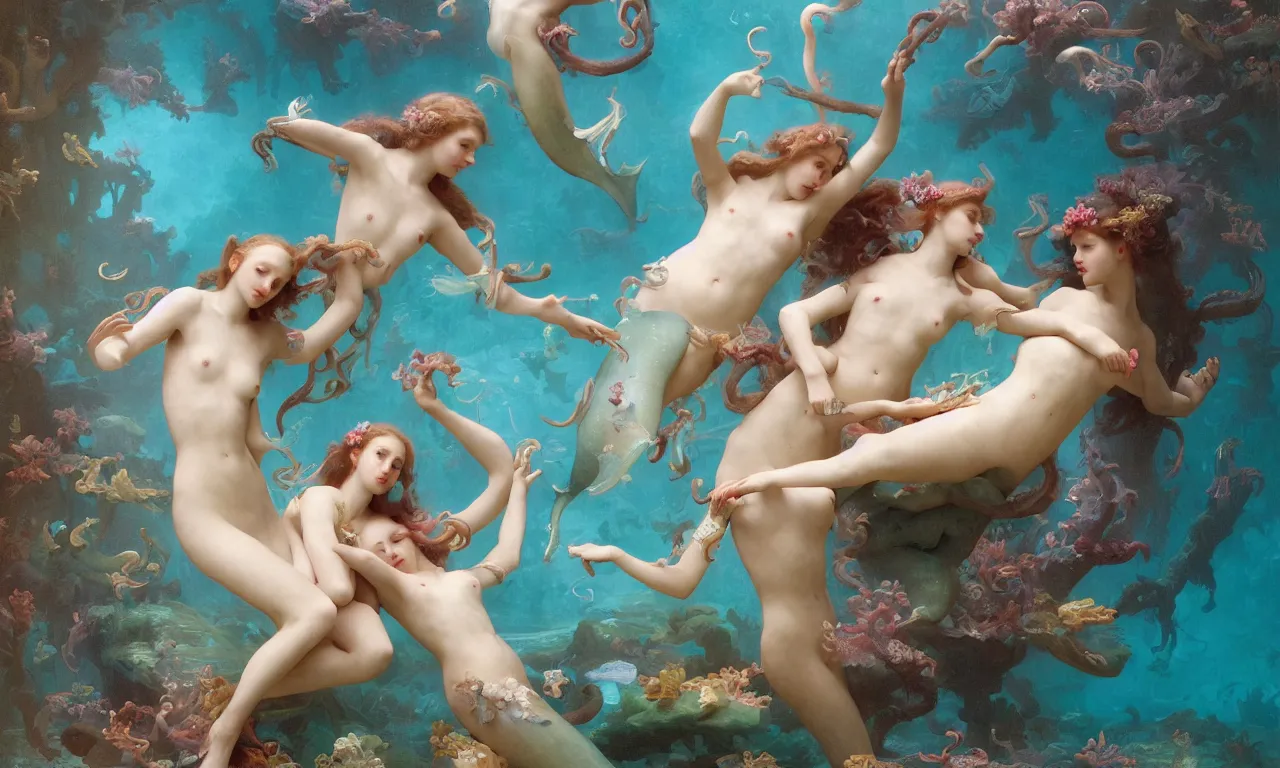 Prompt: a luminous springtime fairytale of beautiful realistic mermaids frolicking together among octopuses and fish and coral and seahorses in the romantic underwater baroque kingdom of Neptune. Neon light, masterpiece 4k digital illustration by Ruan Jia and Mandy Jurgens and William-Adolphe Bouguereau, award winning, Artstation, Gustave Dore' background, intricate details, realistic, panoramic view, volumetric lighting, sun rays beaming, Hyperdetailed, 8k resolution, golden hour, intricate art nouveau, smooth, sharp focus, rendered in Unreal Engine 3