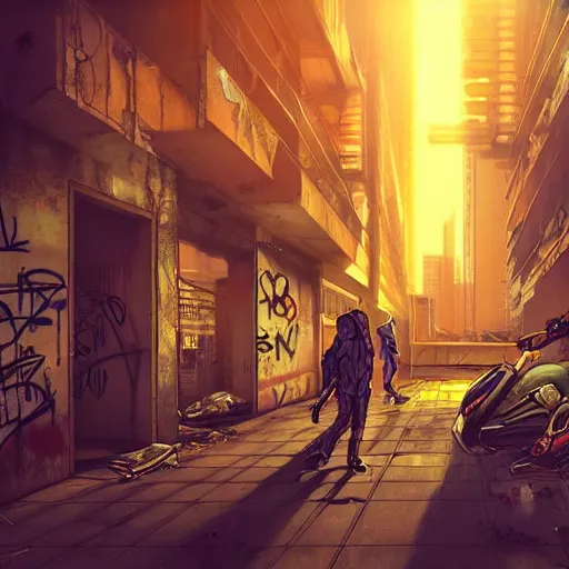 Prompt: graffiti on a wall in a run down building, happy mood, cyberpunk, futuristic, technilogy, high detail, golden light, realistic