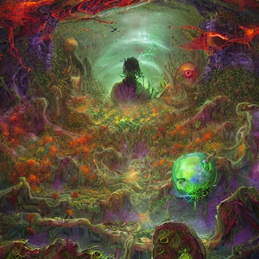 Image similar to Hell and heaven, inter dimensional villa, a heart full of envy, The Autumn Plague Gardener, Some cosmic angels, digital painting, its softness partakes of fluidity, illustration, deep dark, artstation, intricate, biodiversity in a world of change and constancy, ue5, by deiv calviz and bossmonsterbani