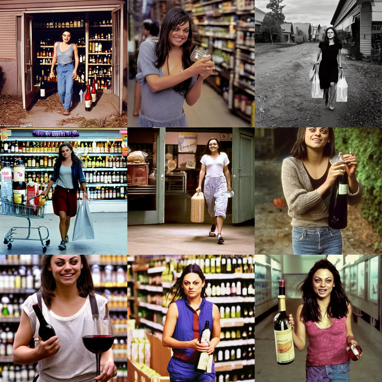 Image similar to face portrait of laughing Mila Kunis walking out of the grocery store holding bottles of wine, Gregory Crewdson, Joel Sternfeld