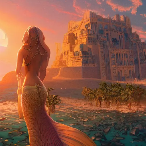 Image similar to establishing shot of atlantis, buildings made of shells with arabic patterns, modern mermaid standing on top of the hill against the morning sun, cinematic composition, mucha, artstation