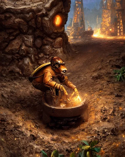 Image similar to oil painting of poor anthropomorphized mole mining gold, full body, sharp focus, fantasy style, dark steampunk mine shaft backround, octane render, volumetric lighting, 8k high definition, by greg rutkowski, highly detailed, trending on art Station