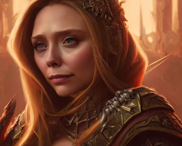 Prompt: a gaming screenshot still portrait of elizabeth olsen in final fantasy, deep focus, d & d, fantasy, intricate, elegant, highly detailed, digital painting, artstation, concept art, matte, sharp focus, illustration, dark fantasy style art, hearthstone, art by artgerm and greg rutkowski and alphonse mucha