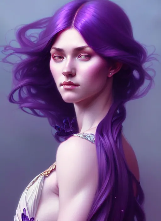 Image similar to Purple hair Portrait of woman, intricate, elegant, highly detailed, digital painting, artstation, concept art, smooth, sharp focus, illustration, art by artgerm and greg rutkowski and alphonse mucha