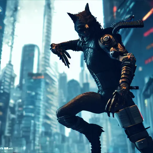 Image similar to cyberpunk wolfman holding a katana and jumping into action, tactical armor, action scene screenshot, unreal engine, high quality gloss art