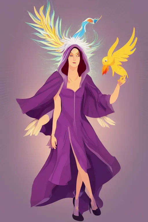 Prompt: Young beautiful short woman in purple witch robes and pointy hat with a small pet phoenix on her shoulder, full body shot, cell shading