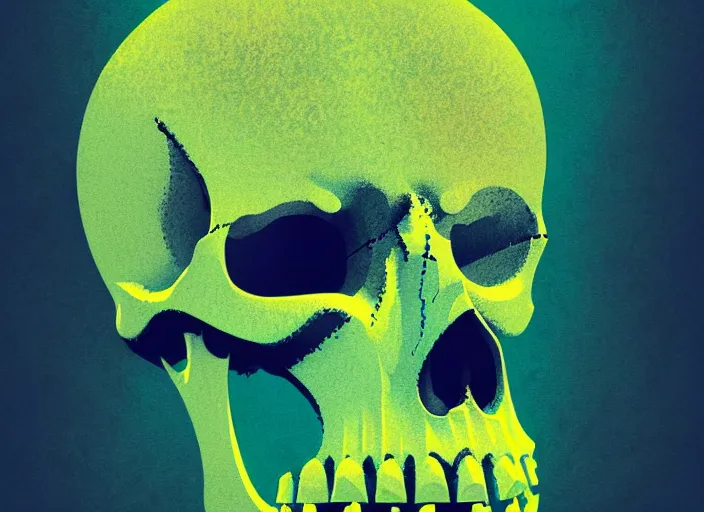 Image similar to portrait of a zombie skull, colorful, modern art deco, mads berg, karolis strautniekas, christopher balaskas, stippled light, fog, moody, fine texture, editorial illustration, dramatic lighting, dynamic composition, detailed, matte print, dynamic perspective, muted color