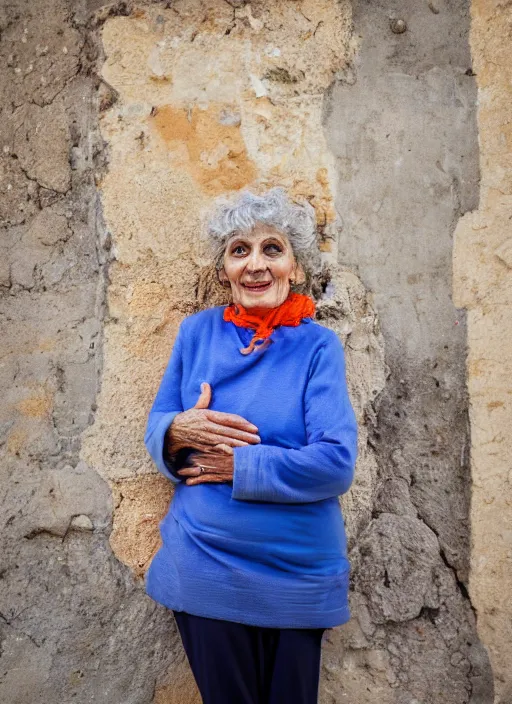 Prompt: Mid-shot portrait of a 65-year-old woman from Cyprus, happy, smiling, strong blue and orange colors, candid street portrait in the style of Martin Schoeller award winning, Sony a7R