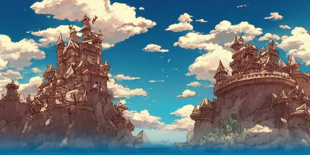 Prompt: floating marble island in the sky with a medieval castle on it, red dragons, laputa, studio ghibli, anime style, azure blue sky