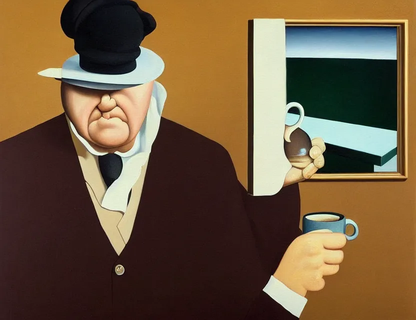 Prompt: a painting of a old dusty professor making a study of drinking 1 0 cups of coffee into a droste effect, dark monday mood in a kitchen that is slowly melting, styled and painted by rene magritte