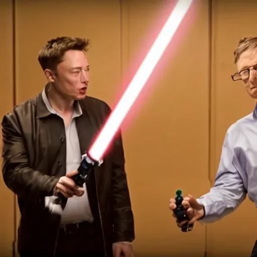 Image similar to film still of elon musk dueling bill gates with a lightsaber, epic cinematic