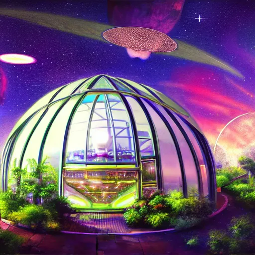 Image similar to a cinematic view of a space habitat colony, large indoor greenhouse with exotic plants, retrofuturism, scifi art, oil on canvas, biodome, stars in the sky above, details, hyper - detailed, hd, hdr, 4 k, 8 k