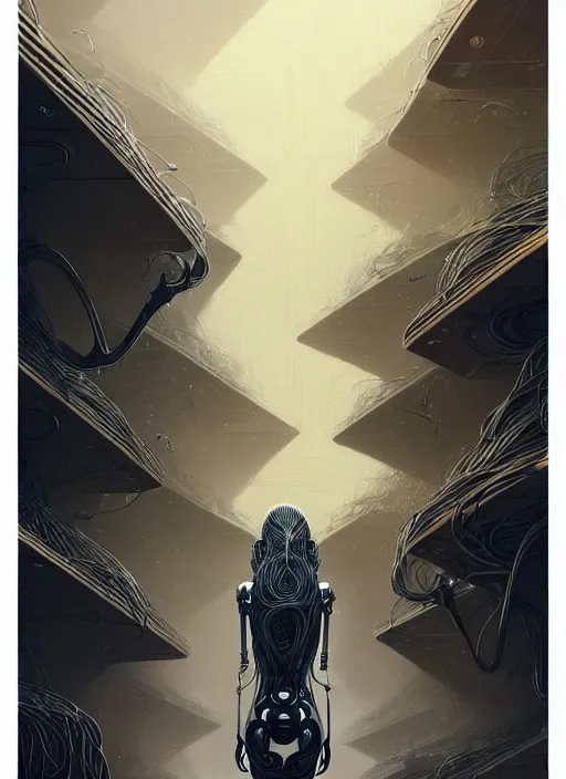 Image similar to highly detailed portrait of a biomechanical long curly white hair tribal lady, stray wiring by atey ghailan, james gilleard, by joe fenton, by greg rutkowski, by greg tocchini, by kaethe butcher, 4 k resolution, gradient yellow, black and white color scheme!!! ( ( dystopian robotic tessellating pyramid pouring sandfall background ) )