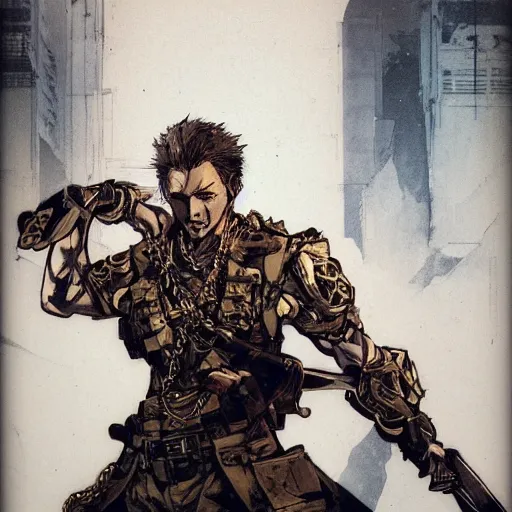 Image similar to portrait of a hero holding his sword in front of his face by yoji shinkawa, high quality, extra details, realism, ornate, colored, golden chain, blood, white skin, short hair, brown eyes, vivid, sunlight, dynamic, american man, freedom