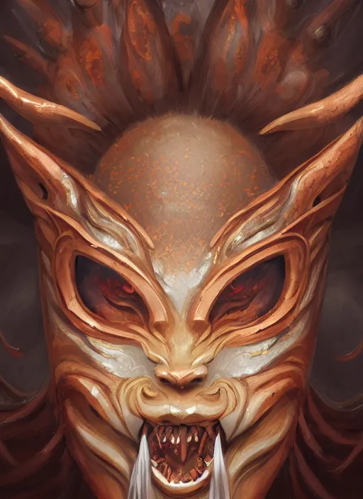 Image similar to a beautiful detailed oil on copper art illustration of a japanese oni kitsune mask devil woman, the mask is broken, centered, by charlie bowater, zeng fanzh, trending on artstation, dim dusk lighting, cinematic lighting, detailed lighting, volumetric lighting, realistic, f 8, 4 k hd wallpaper