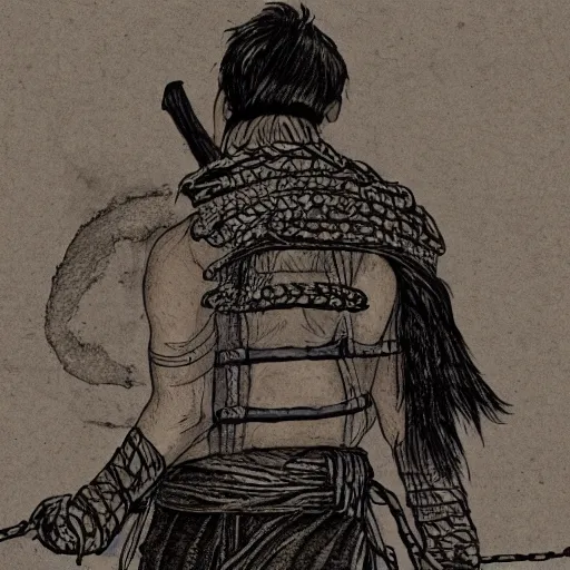 Image similar to a portrait from behind of a samurai man vagabond with a moon behind him, the samurai is wrapped in chains, detailed, concept art, ink style, sketch