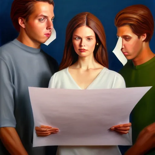 Image similar to hyperrealistic! painting of a woman holding some note papers and three men and a woman watching over, detailed digital art, trending on artstation