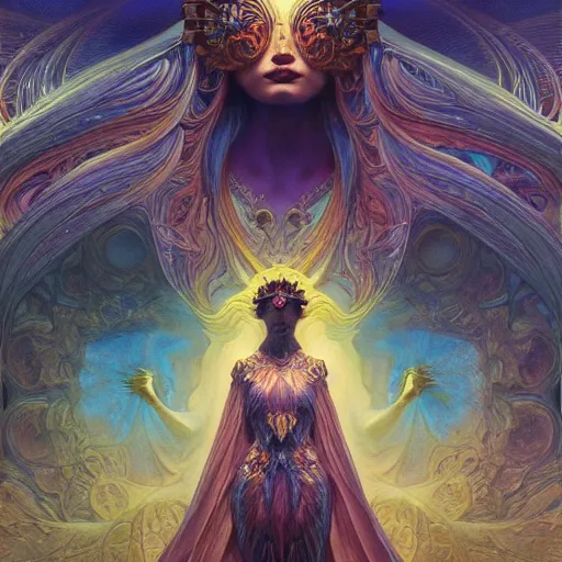 Prompt: queen of the galaxy by andreas rocha, zdzisław beksinski, alphonse mucha. highly detailed, hyper - real, very beautiful, intricate fractal details, epic, mysterious, futuristic, trending on deviantart and artstation
