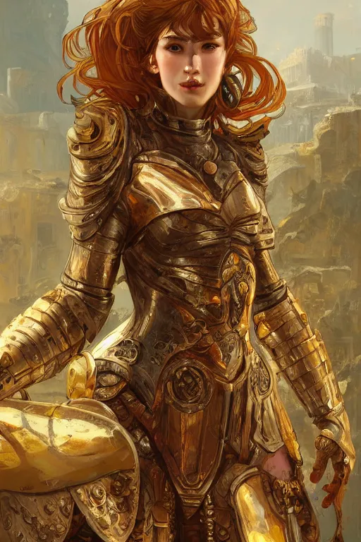 Image similar to portrait knights of Zodiac girl, golden and copper reflected armor, in ruined Agora of Athens, ssci-fi, fantasy, intricate, very very beautiful, elegant, highly detailed, digital painting, artstation, concept art, smooth, sharp focus, illustration, art by WLOP and tian zi and alphonse mucha