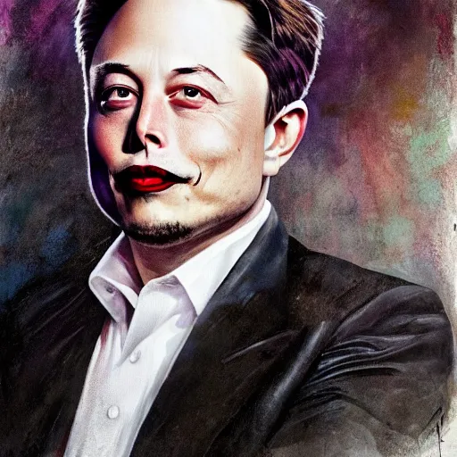 Image similar to grim-hatter elon musk with evil mustache grinning, cinematic, dark oil paint, realistic flavor, decaying rich colors!, photograph by elon musk