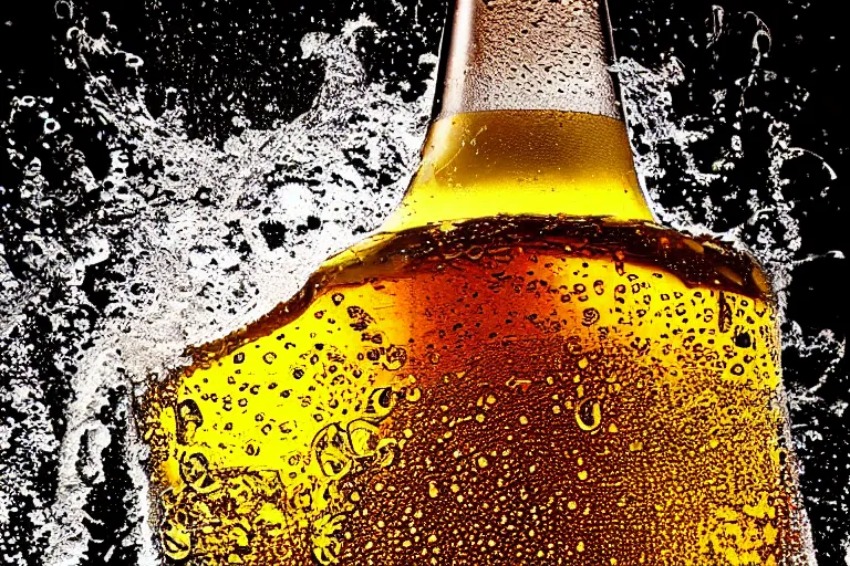 Prompt: a high detail photo of a bottle of beer, splashes of liquid, energetic, delicate by marcel christ