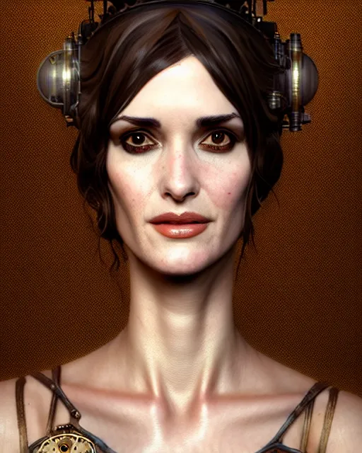 Image similar to steampunk portrait of winona ryder, au naturel, hyper detailed, digital art, trending in artstation, cinematic lighting, studio quality, smooth render, unreal engine 5 rendered, octane rendered, art style by klimt and nixeu and ian sprigger and wlop and krenz cushart.