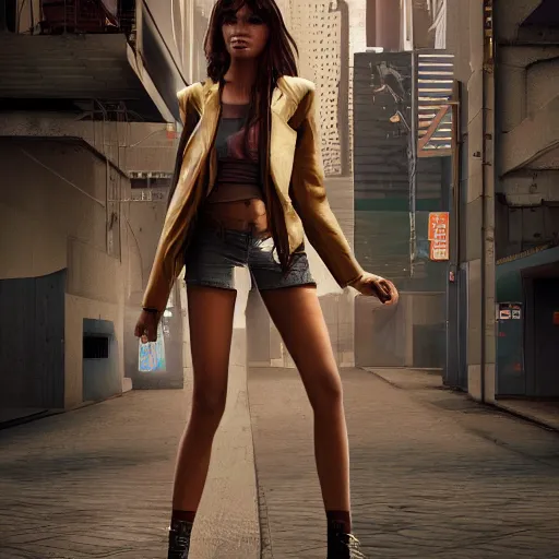 Image similar to a fashion model, creative, brown skin, digital art, photo manipulation, artstation, standing, cyberpunk, giant, street, duck shoes, up there, photoshop