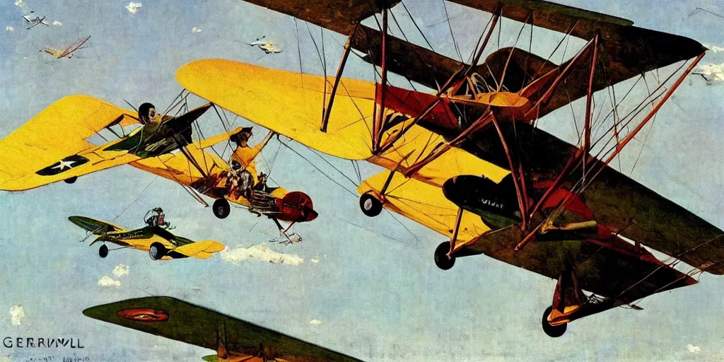 Prompt: a gerbil flying a biplane, norman rockwell