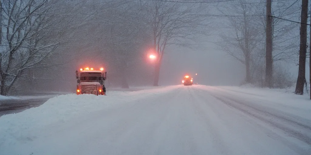 Image similar to photo, big snow plow truck is in the distance with a bright headlighta. cold color temperature, snow storm. hazy atmosphere. humidity haze. kodak ektachrome, greenish expired film, award winning, low contrast,